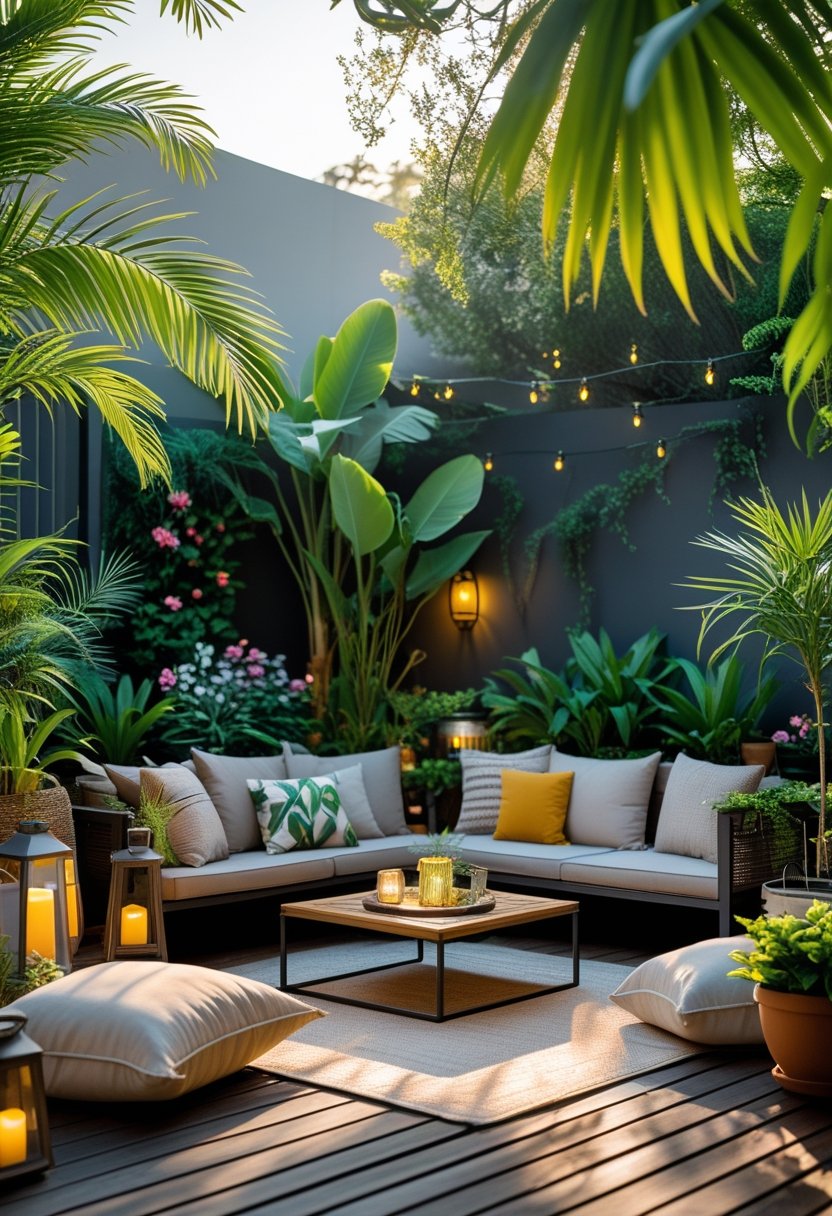 Outdoor seating area with cushions surrounded by green plants and garden landscaping under natural sunlight.