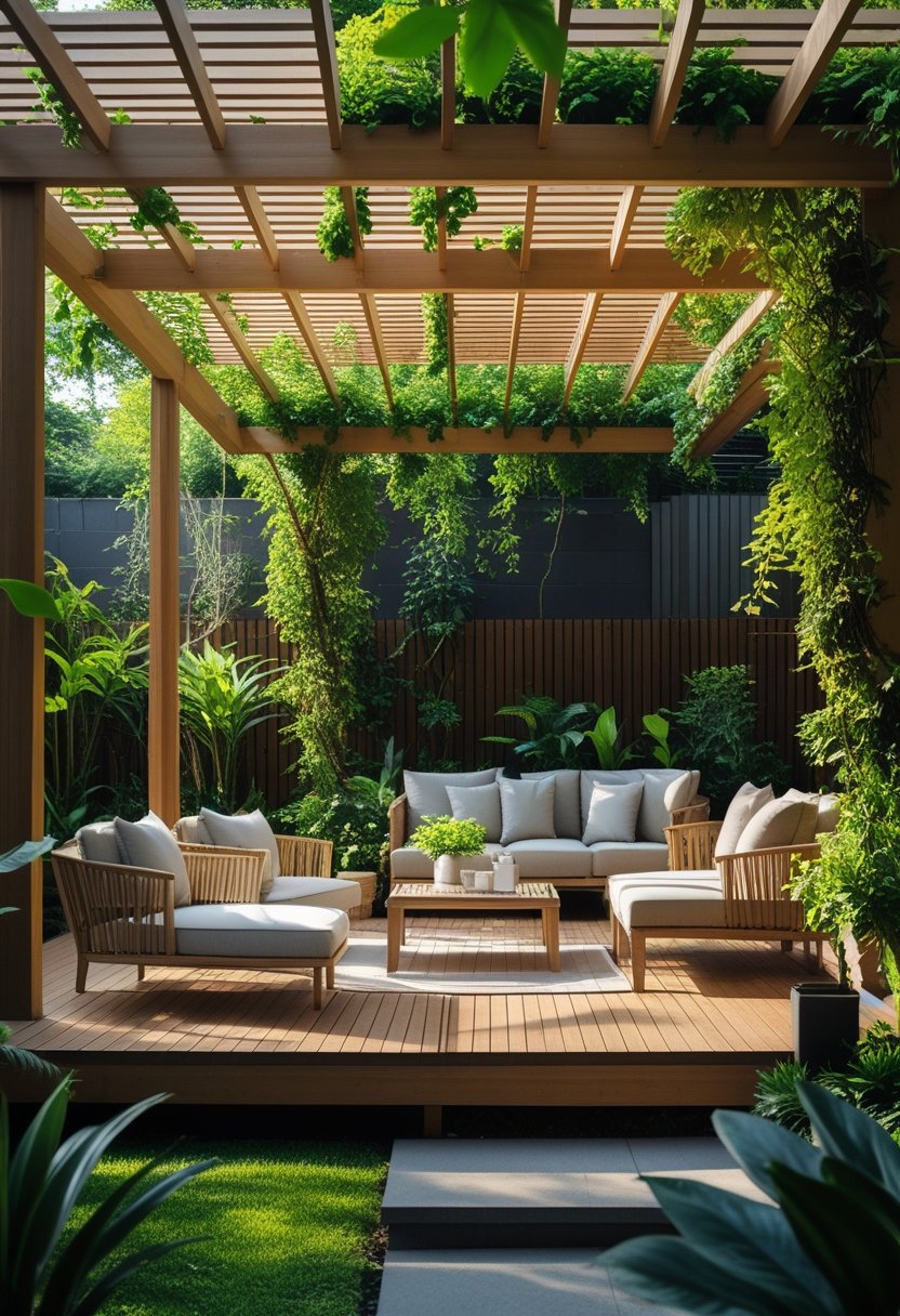 An outdoor living space with wooden pergolas, decks, green plants, and comfortable furniture surrounded by a garden.