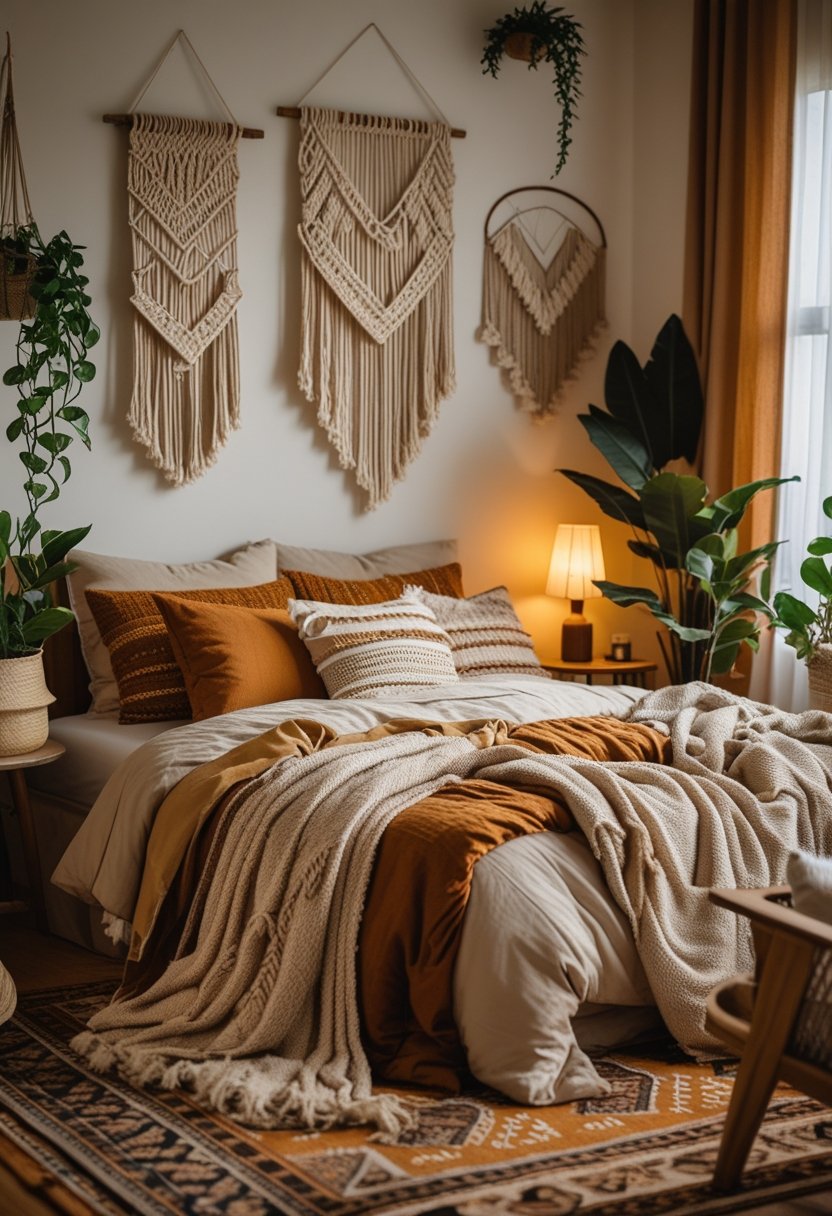 A cozy bedroom with a bed, pillows, blankets, plants, and warm lighting creating a comfortable and inviting atmosphere.