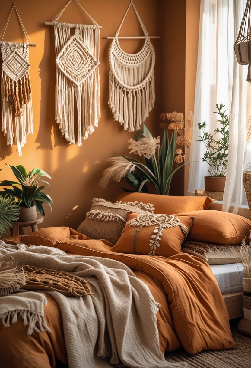 A cozy bedroom with an orange color scheme, featuring a bed with layered pillows and blankets, wooden furniture, plants, and soft natural light.
