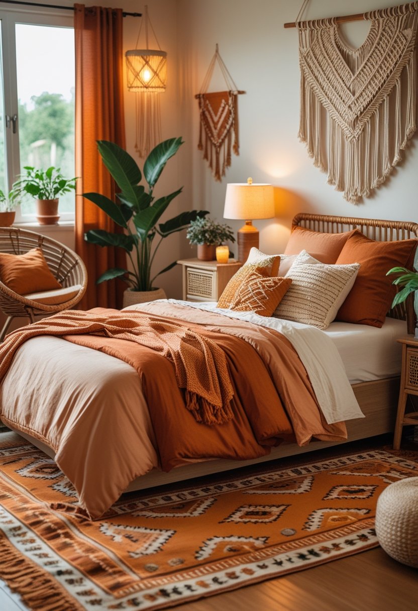 A cozy bedroom with a bed, warm orange bedding, wooden furniture, plants, and soft lighting.