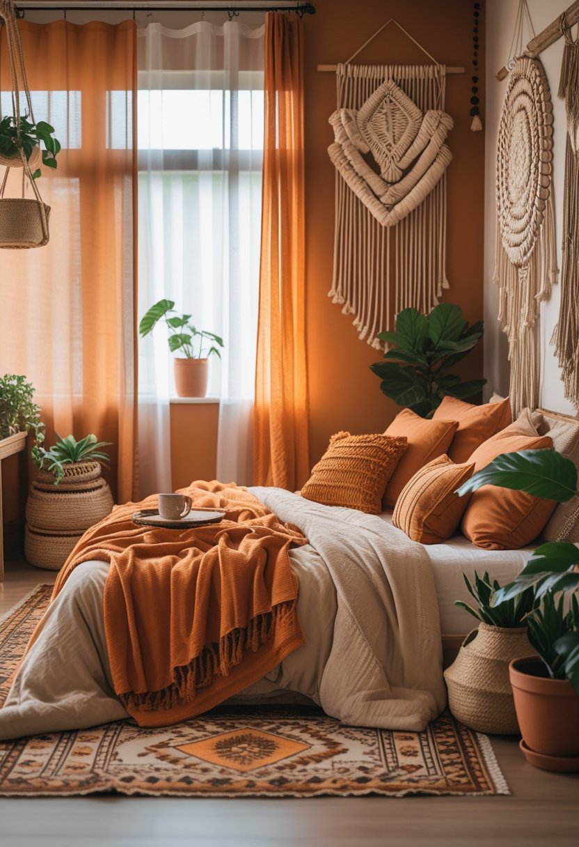 A cozy bedroom with a large bed, layered pillows, wooden furniture, woven decor, plants, and warm orange tones.
