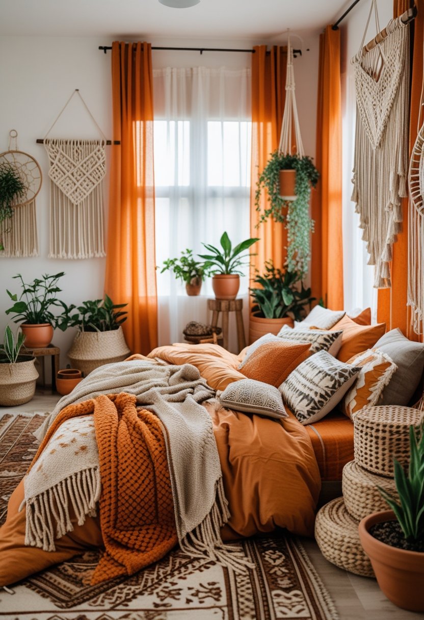 A cozy bedroom with a bed featuring orange and neutral bedding, wooden furniture, plants, and warm natural light.