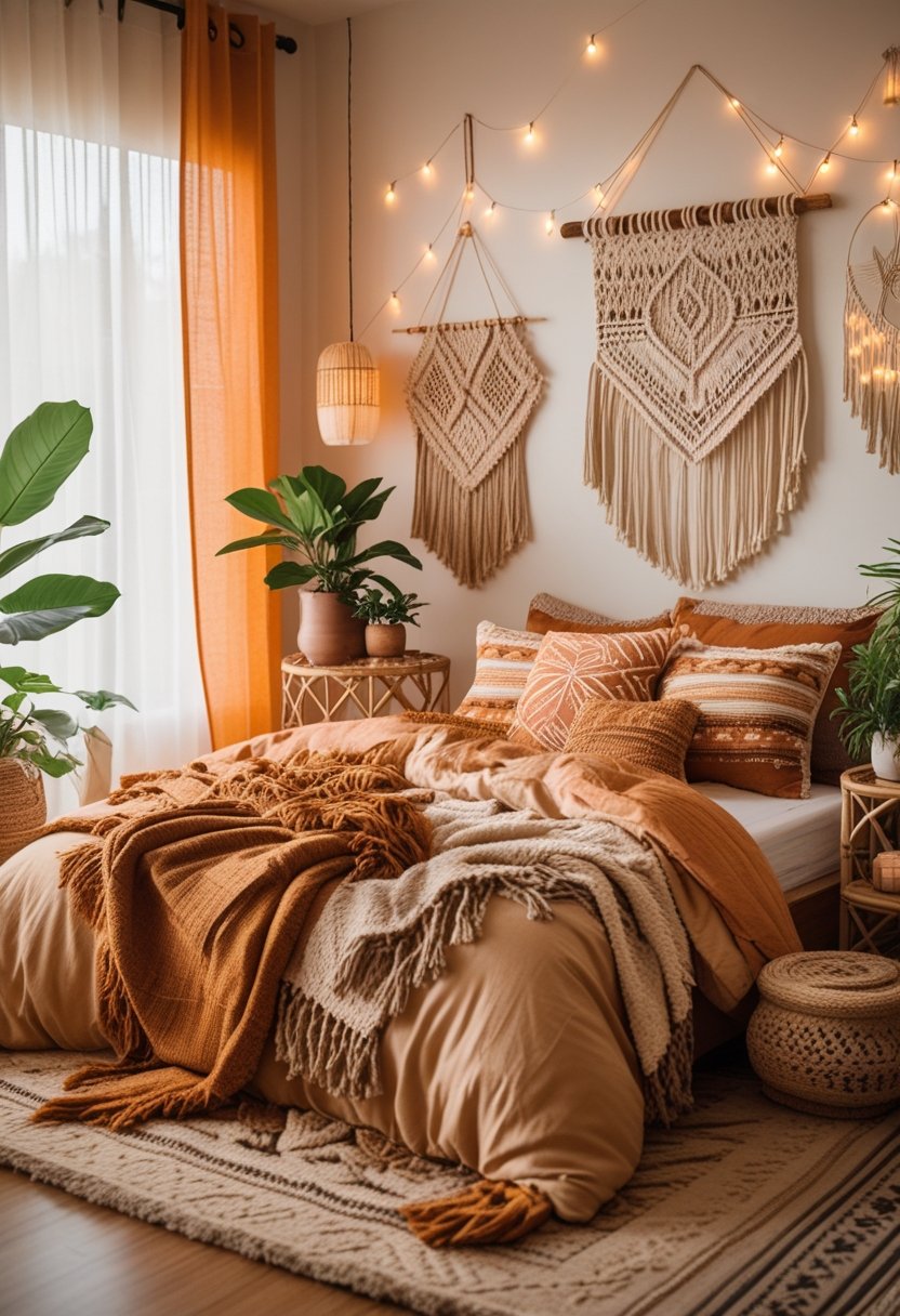 A cozy bedroom with a bed covered in layered blankets and pillows, wooden furniture, plants, and soft lighting creating a warm atmosphere.