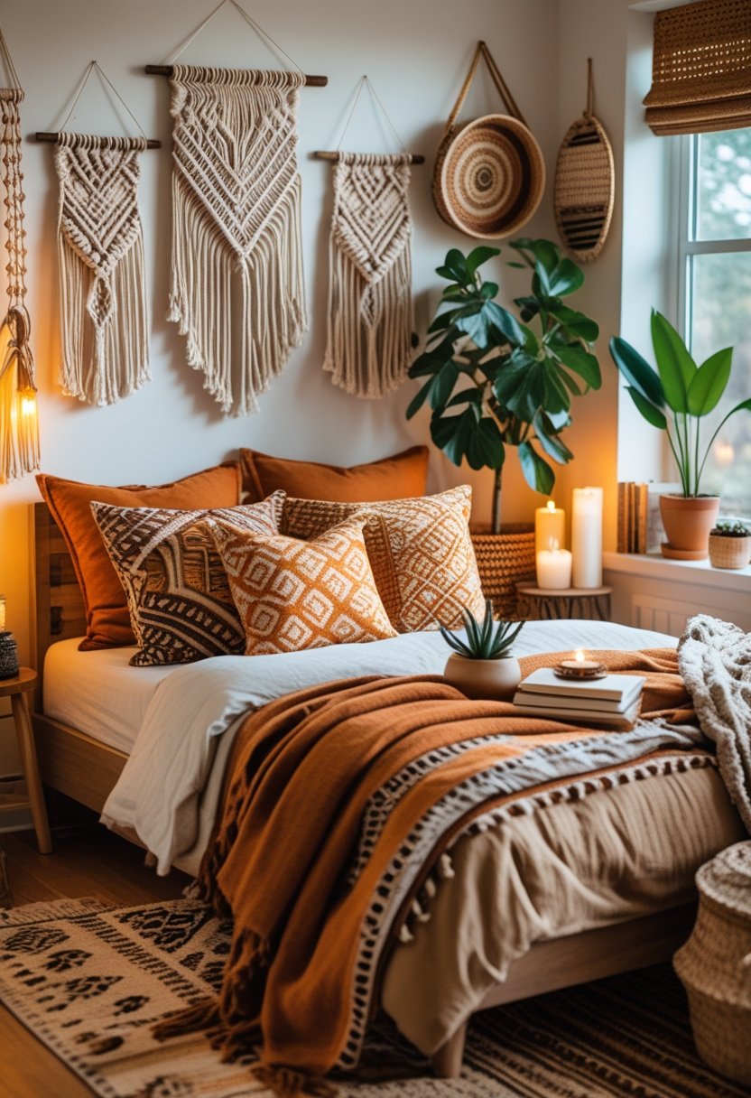 A cozy bedroom with an orange bedspread, patterned pillows, plants, and wooden furniture creating a warm and inviting atmosphere.