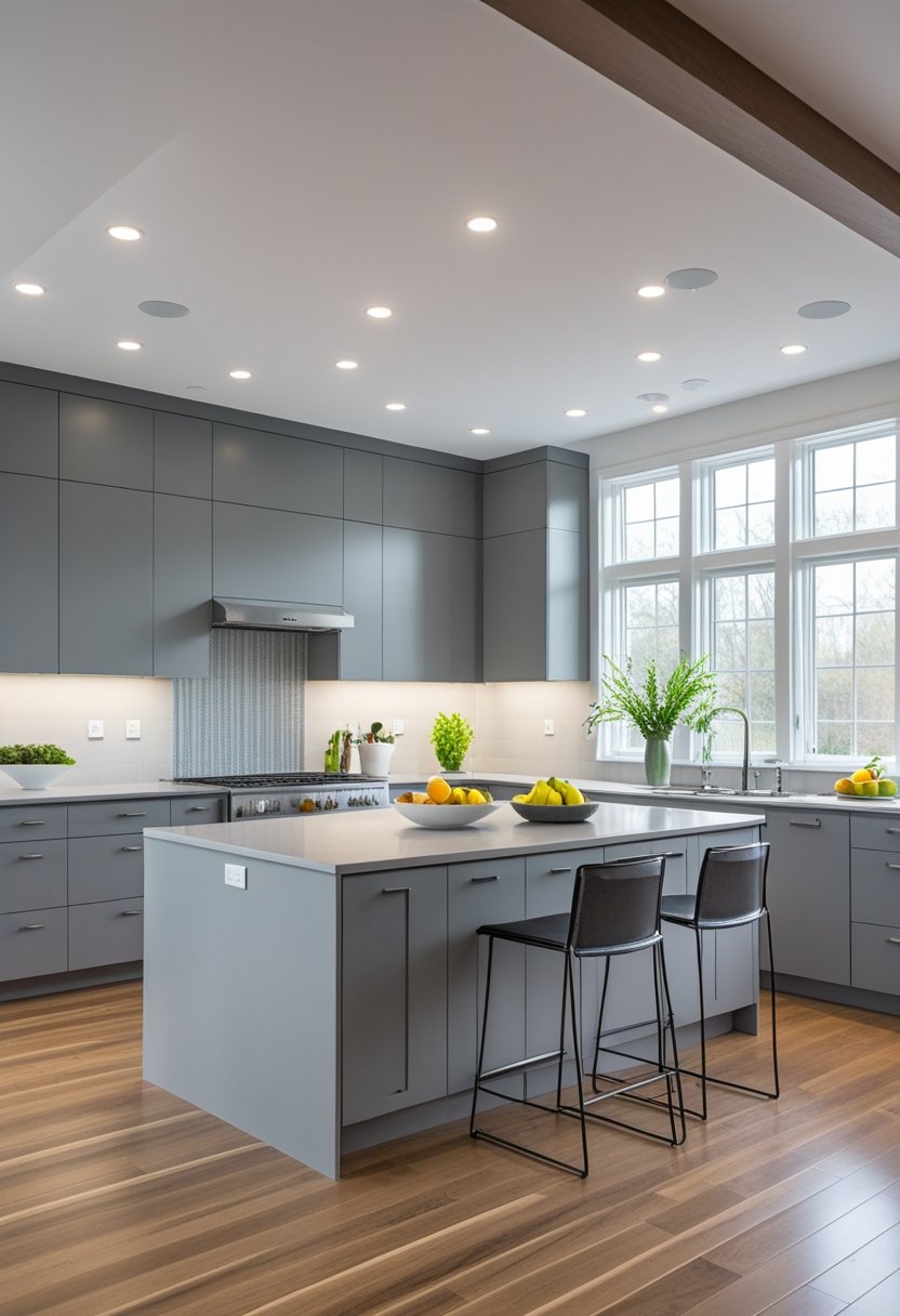 A modern kitchen with gray cabinets, a central island, stainless steel appliances, and natural light coming through large windows.