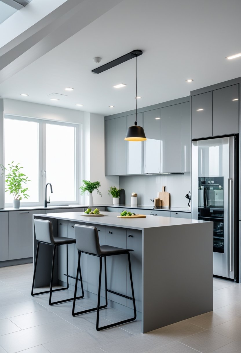 A modern kitchen with gray cabinets, a kitchen island, stainless steel appliances, and natural light coming through windows.