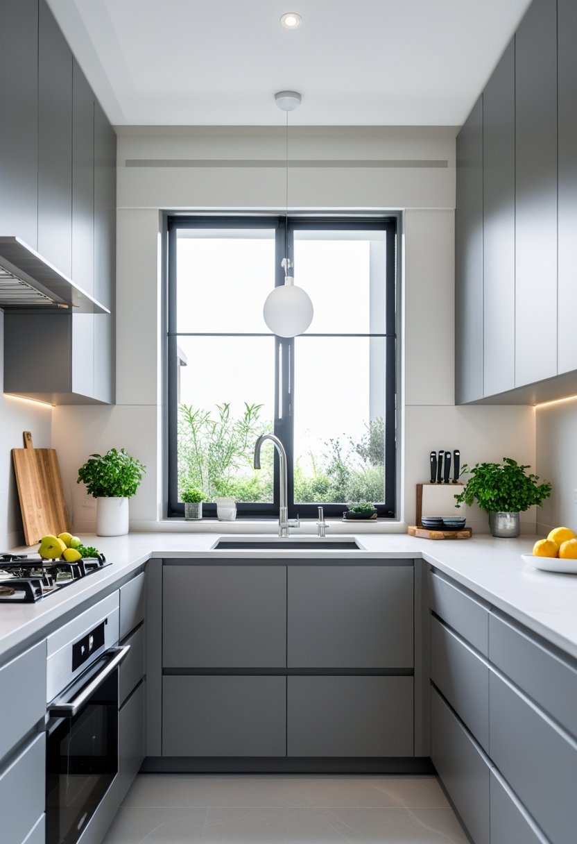 A bright kitchen with gray cabinets, a light countertop, stainless steel appliances, and natural light coming through large windows.
