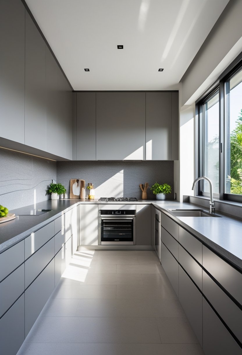 A modern kitchen with gray countertops and backsplashes, stainless steel appliances, and bright natural lighting.