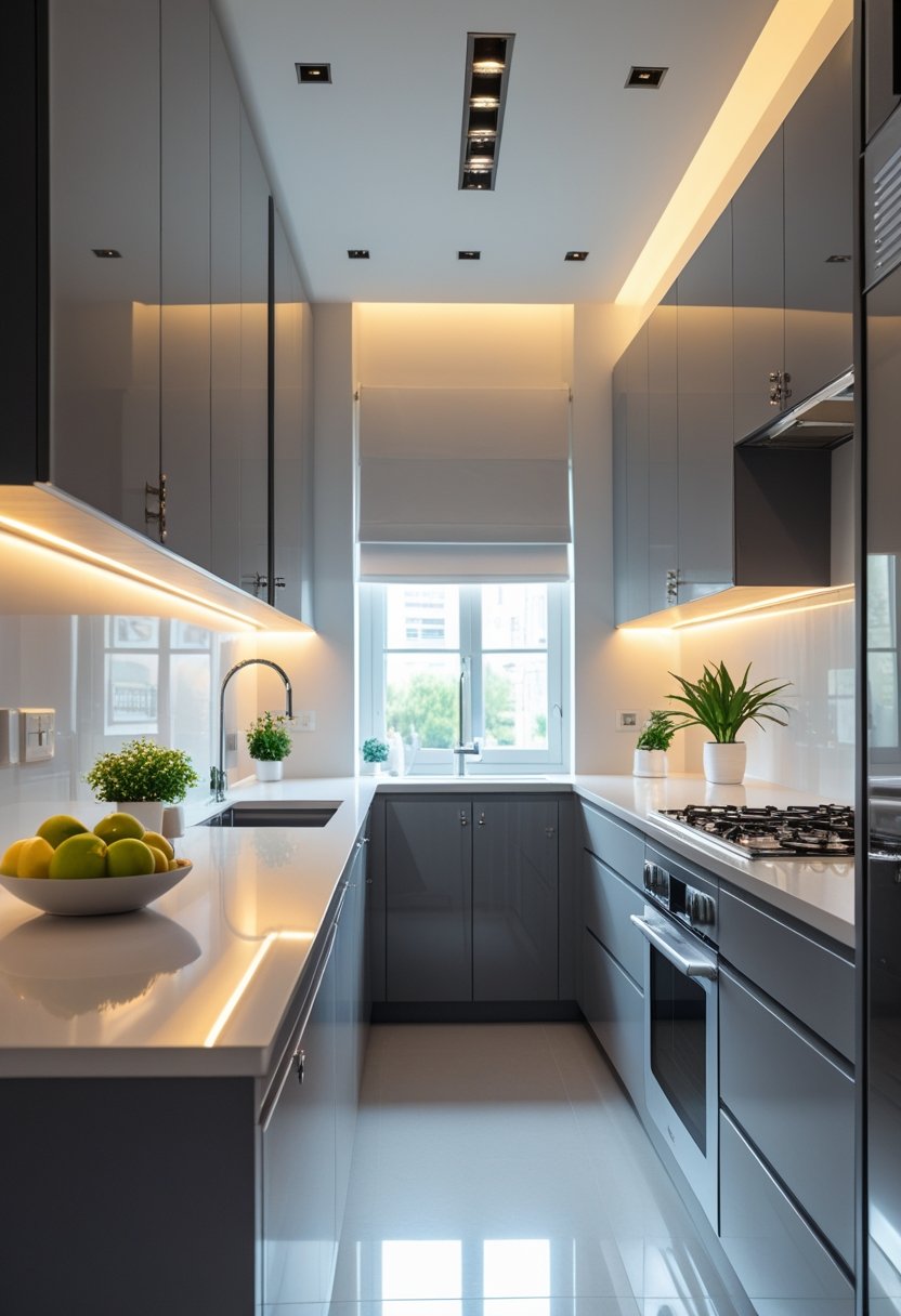 A modern gray kitchen with sleek cabinets, stainless steel appliances, and warm lighting.