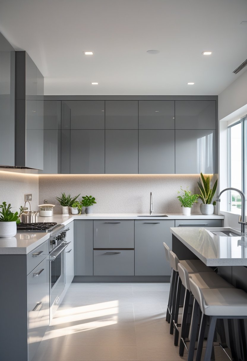 A modern gray kitchen with sleek cabinets, a kitchen island with bar stools, stainless steel appliances, and natural light coming through large windows.