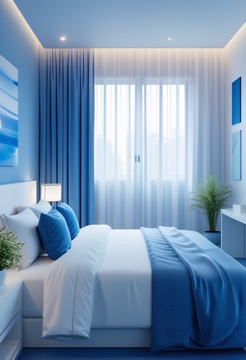 A modern bedroom with a neatly made bed, blue and white bedding, a bedside table, and soft natural light coming through curtains.