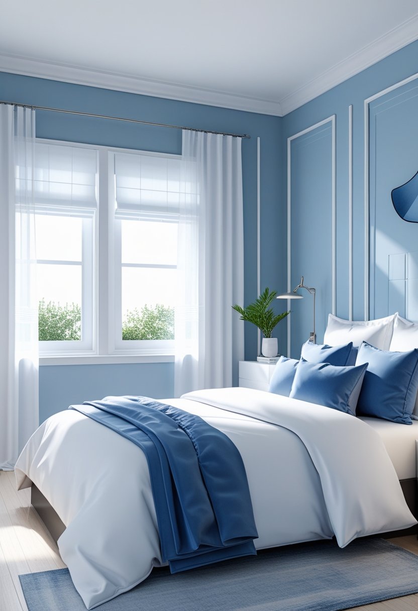 A bedroom with a bed, blue and white bedding, large windows with sheer curtains, a nightstand with a lamp and plant, and light hardwood floors.