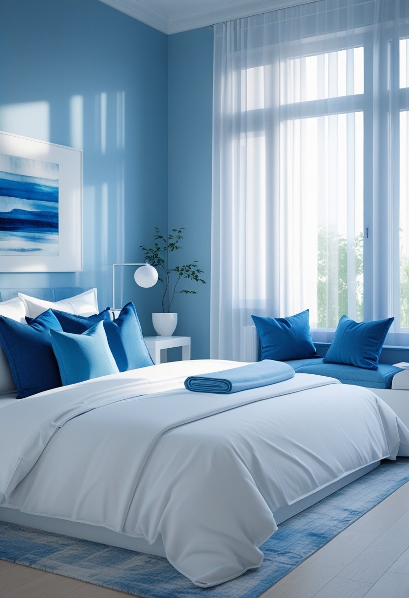 A modern bedroom with a neatly made bed in blue and white colors, soft natural light, and simple furniture.