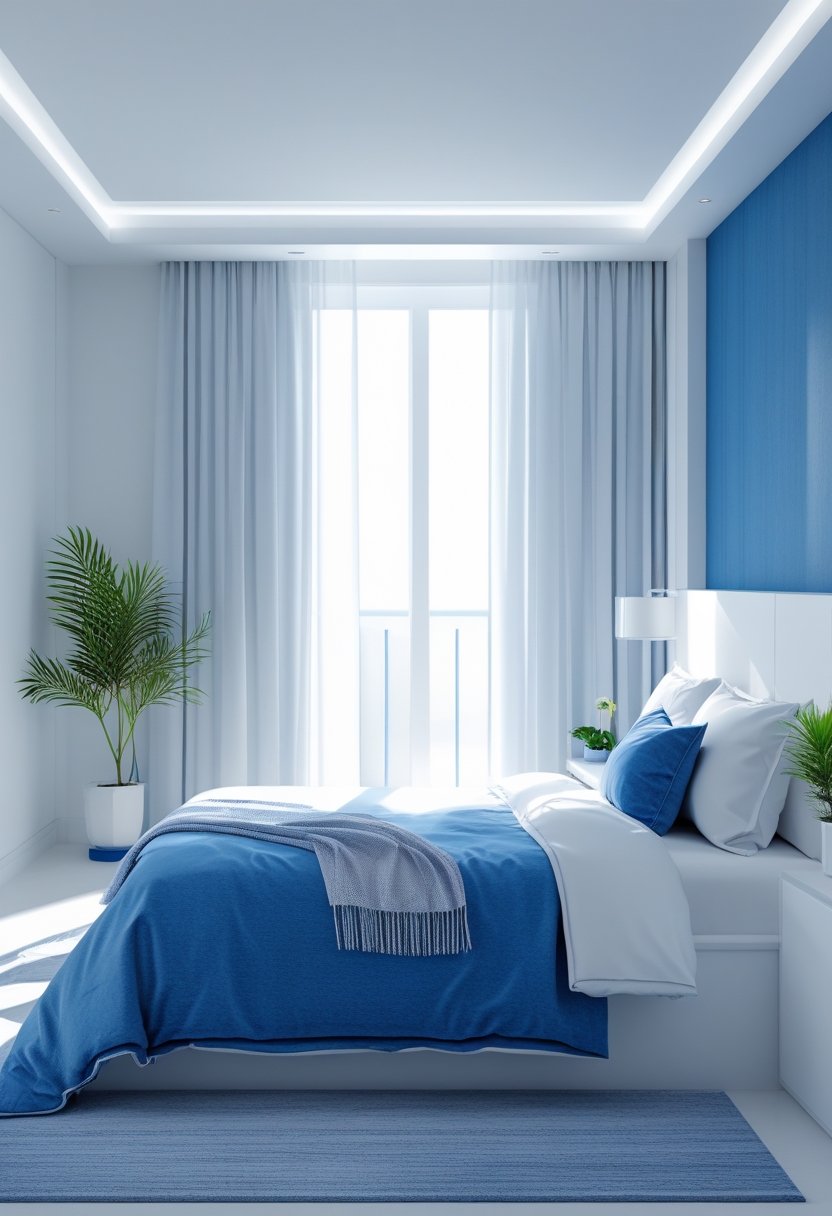 A modern bedroom with blue and white colors, featuring a bed, bedside table, and natural light coming through a window.