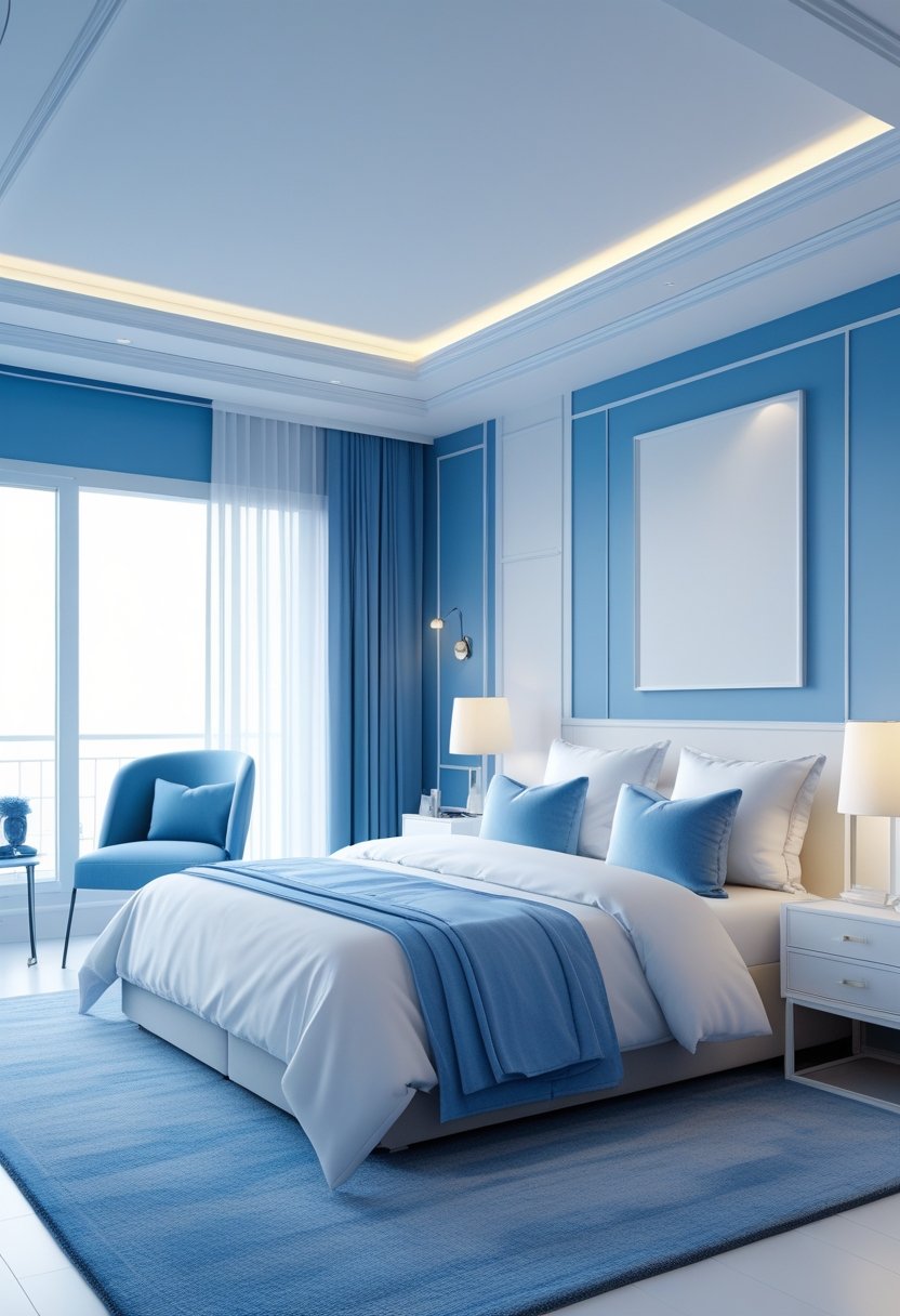 A modern bedroom with a blue and white color scheme, featuring a neatly made bed, a nightstand with a lamp, and natural light coming through a window.