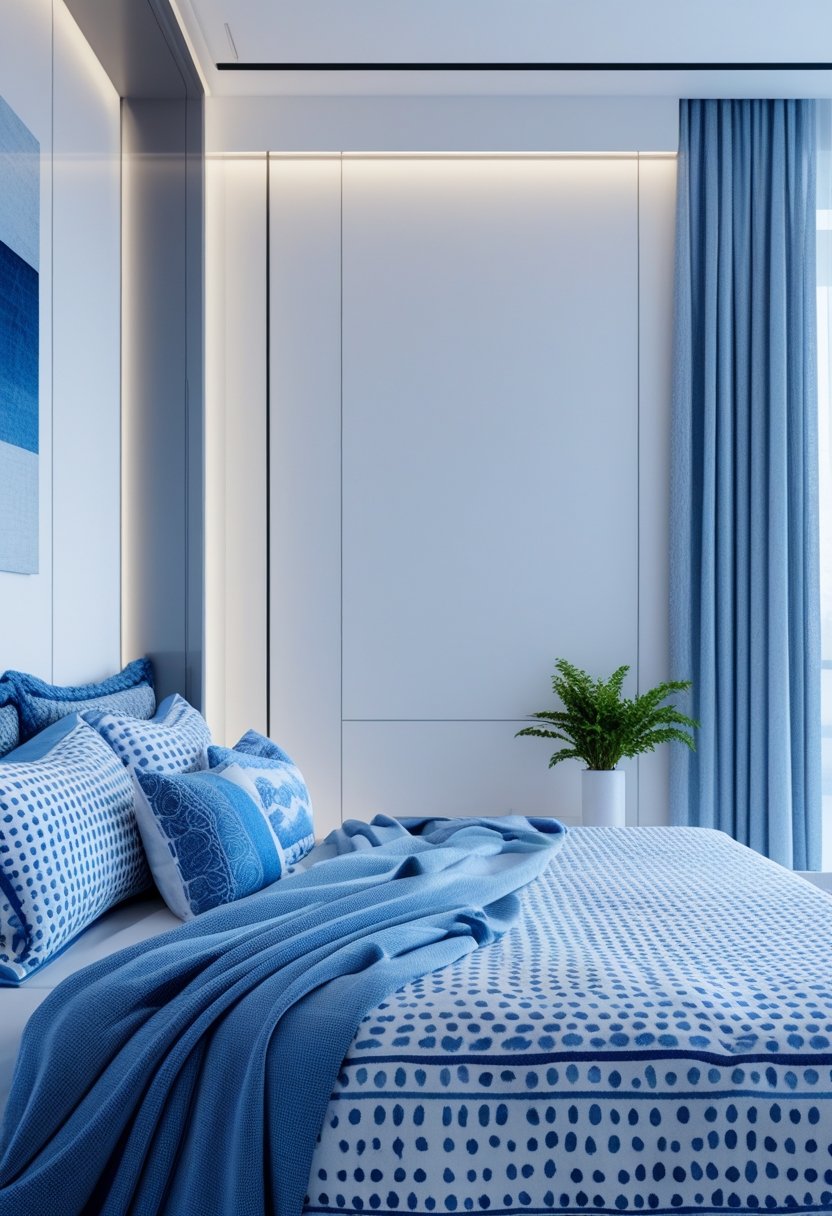 A modern bedroom with a neatly made bed in blue and white colors, featuring decorative pillows and soft lighting.