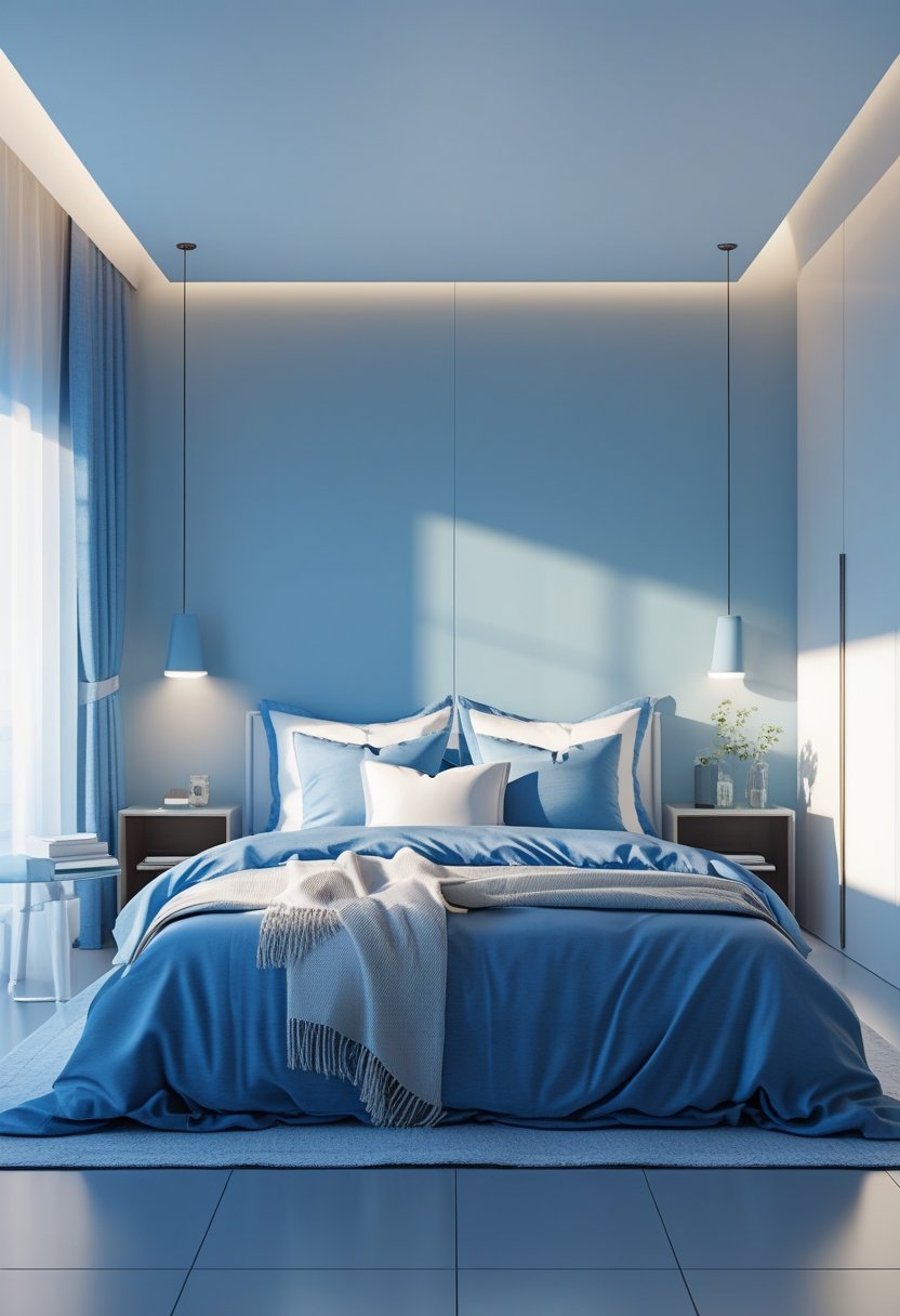 A modern bedroom with a neatly made bed in blue and white, soft natural light, and minimalist furniture.