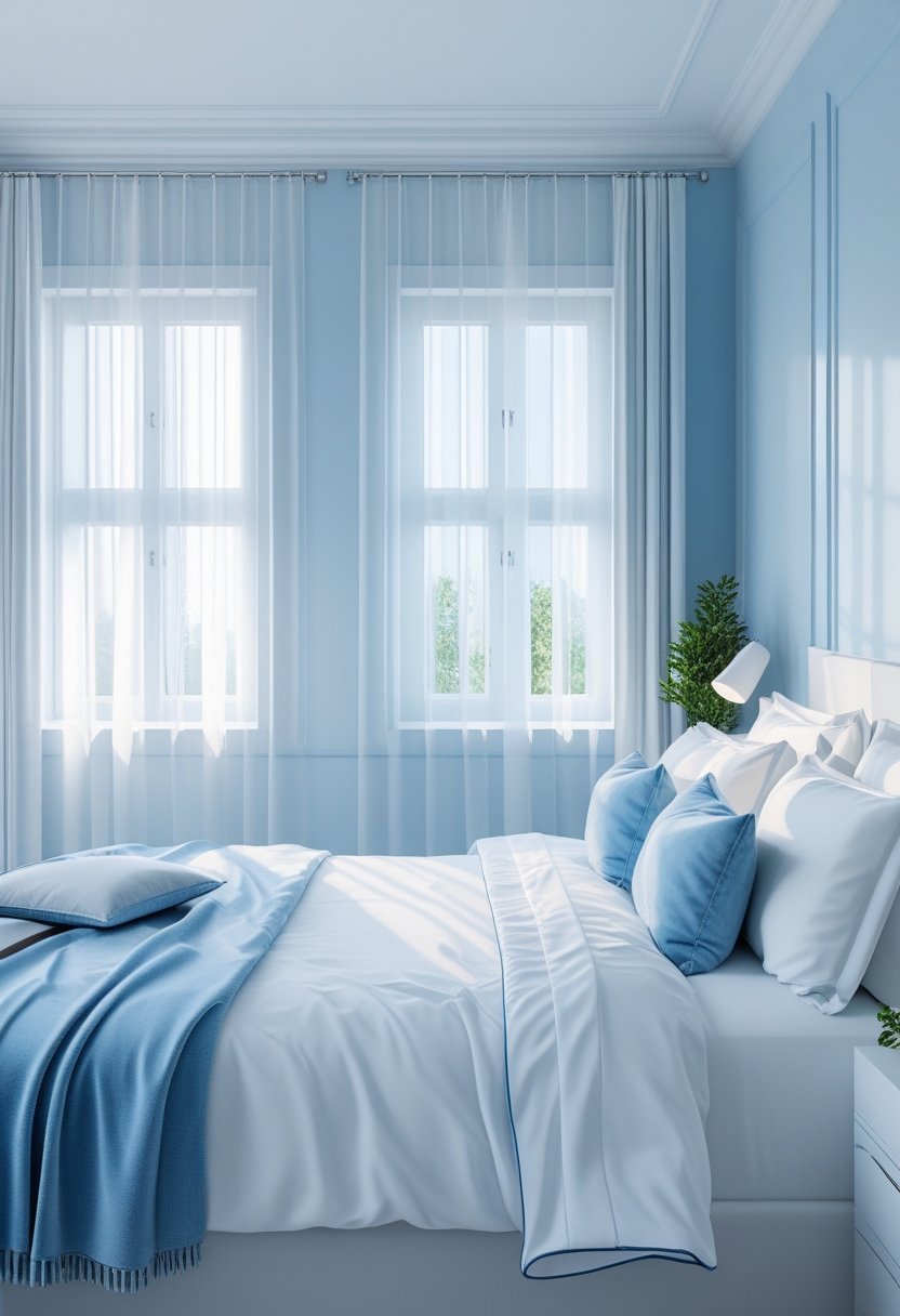 A neatly arranged bedroom with blue walls, white bedding, and soft natural light coming through a window.