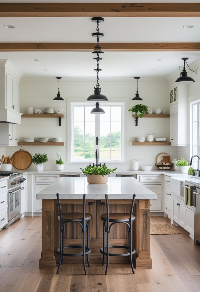 A bright kitchen with a large island, wooden beams on the ceiling, white cabinets, and stainless steel appliances.