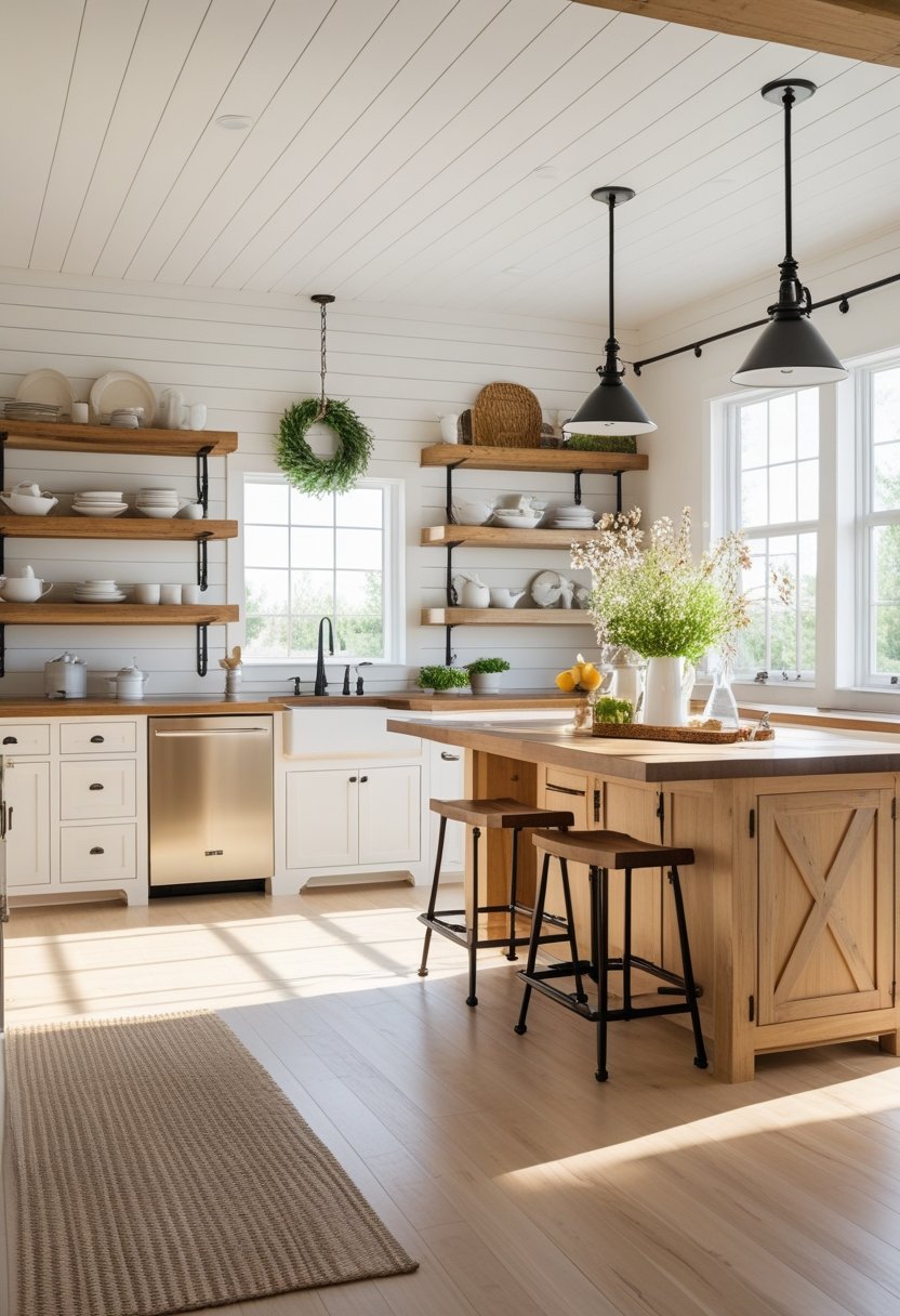 A bright kitchen with white walls, wooden shelves, a large sink, a wooden island with stools, stainless steel appliances, and sunlight coming through windows.