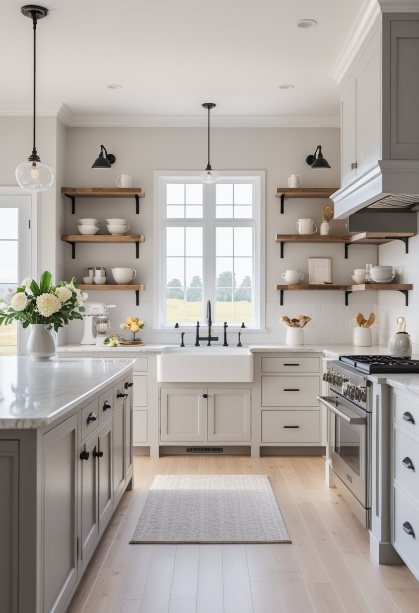 A spacious kitchen with light-colored cabinets, a large island, wooden floors, and natural light coming through big windows.