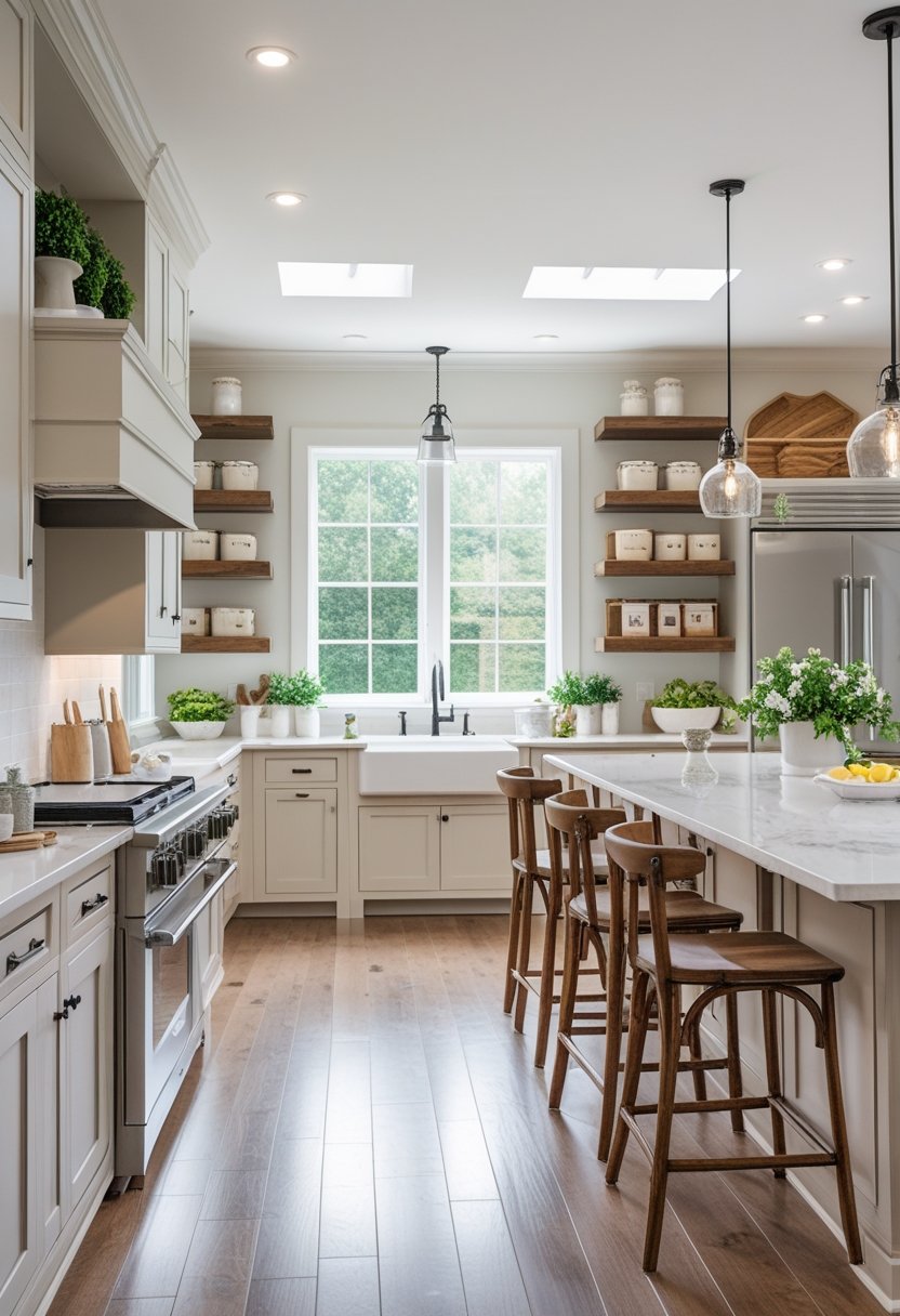 A bright kitchen with a large island, wooden stools, open shelves with storage items, and a farmhouse sink under a window.