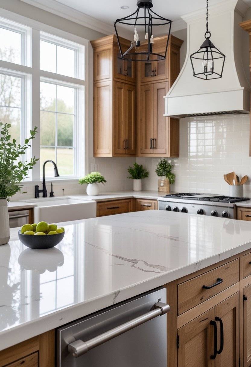 A bright kitchen with white marble countertops, wooden cabinets, and a tiled backsplash, featuring a farmhouse sink and pendant lights.