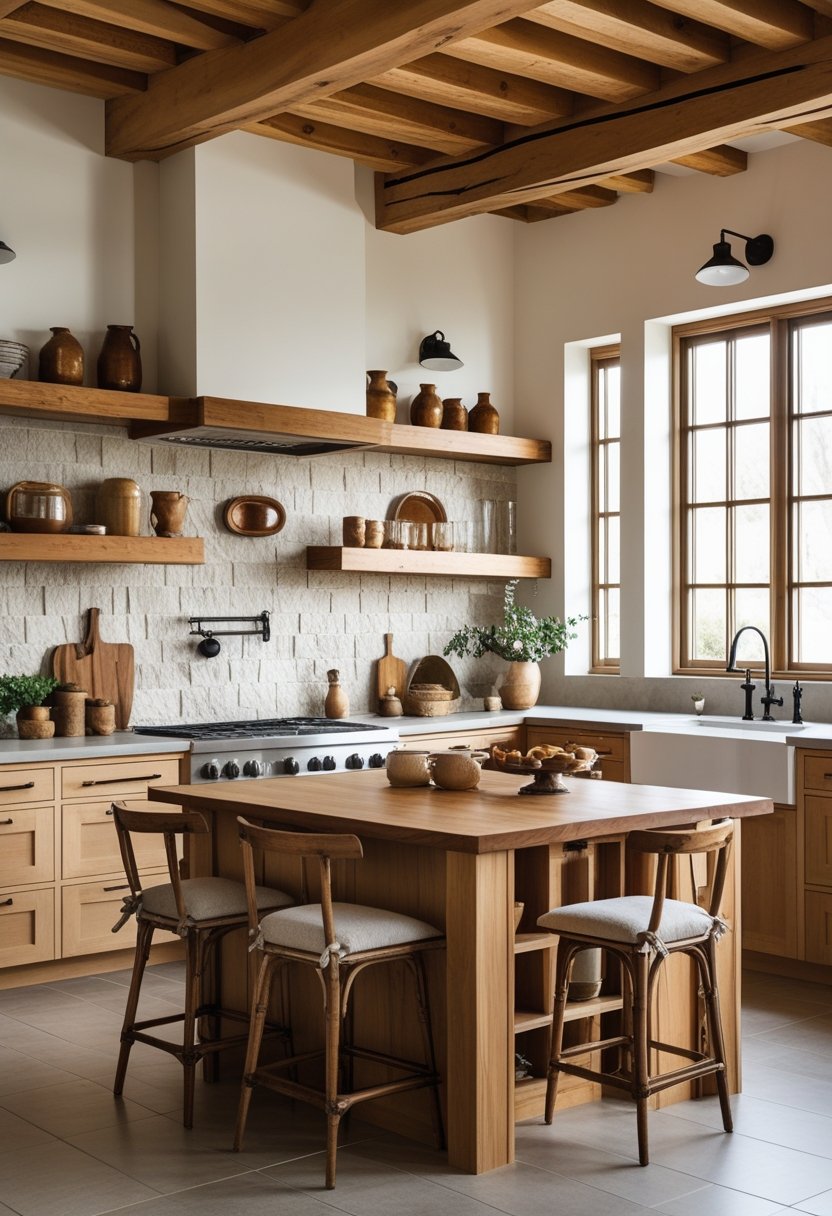 A bright kitchen with wooden beams, a large wooden island, open shelves, and natural light coming through windows.