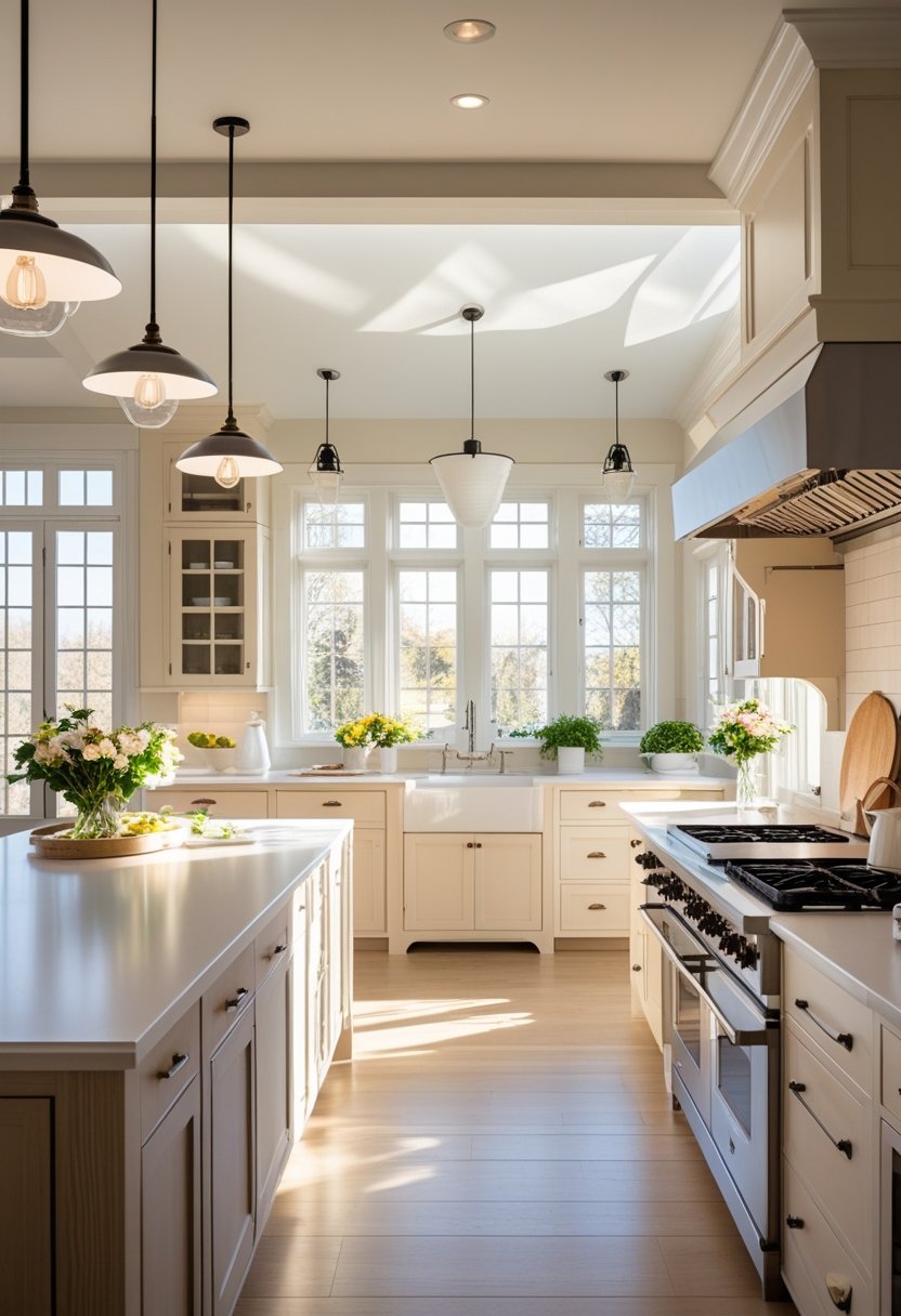 A bright kitchen with large windows, a central island, wooden cabinets, and modern light fixtures.