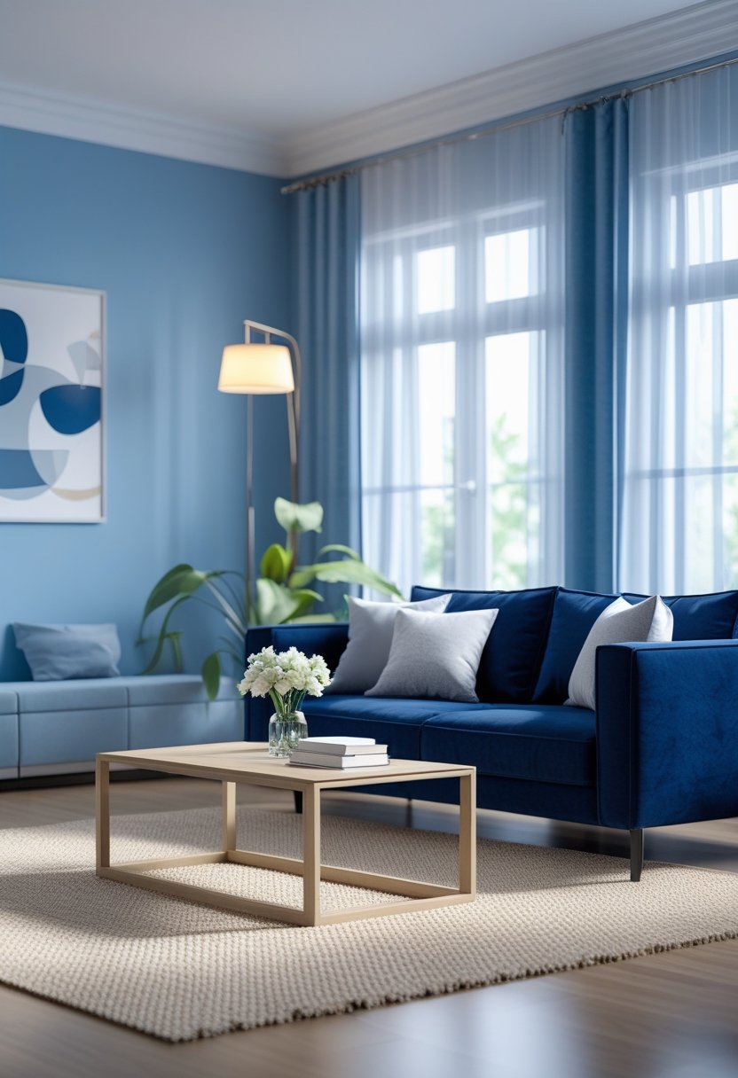 A blue living room with a navy sofa, wooden coffee table, white flowers, and large windows letting in natural light.