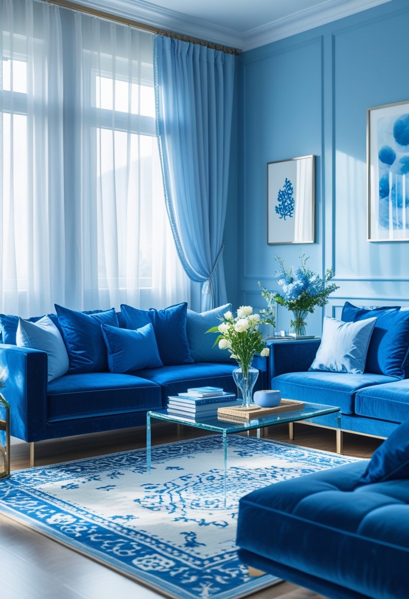 A blue living room with a velvet sofa, glass coffee table, large windows, and soft natural light creating a calm and inviting space.