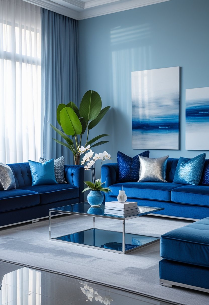 A blue living room with velvet sofas, a glass coffee table, white curtains, modern artwork, and a green plant.