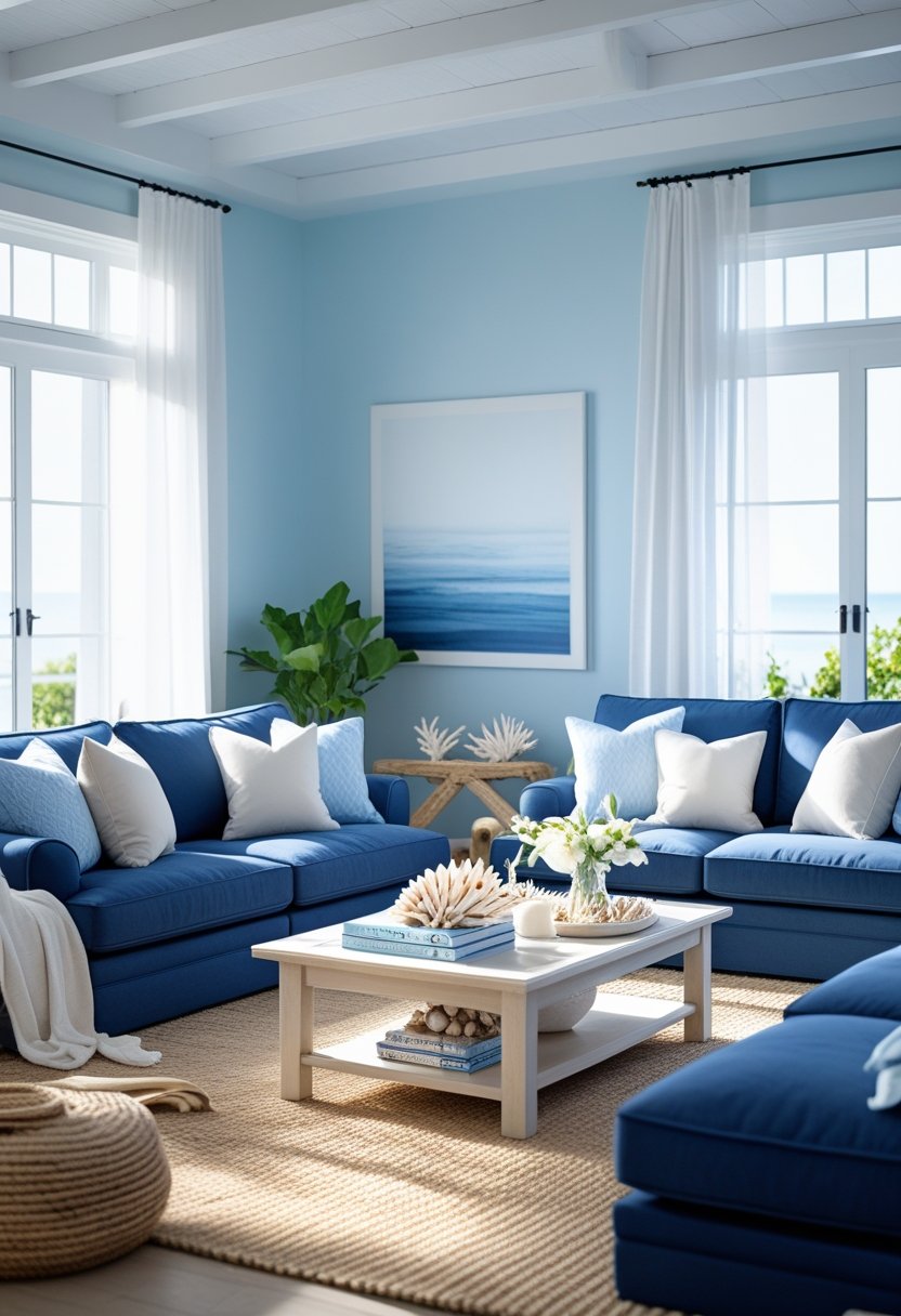 A bright living room with blue sofas, a wooden coffee table, coastal decorations, and large windows letting in natural light.