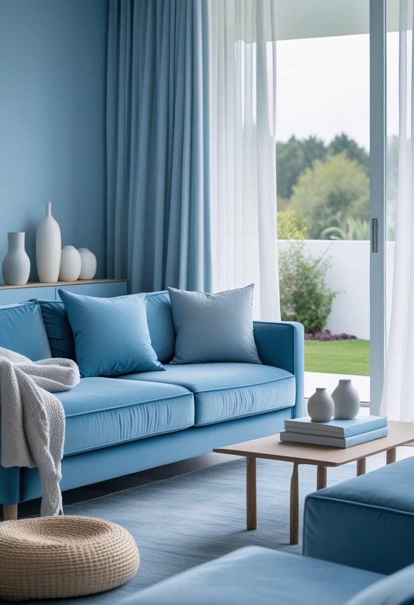 A calm living room with a blue sofa, wooden coffee table, soft natural light, and a window overlooking a garden.