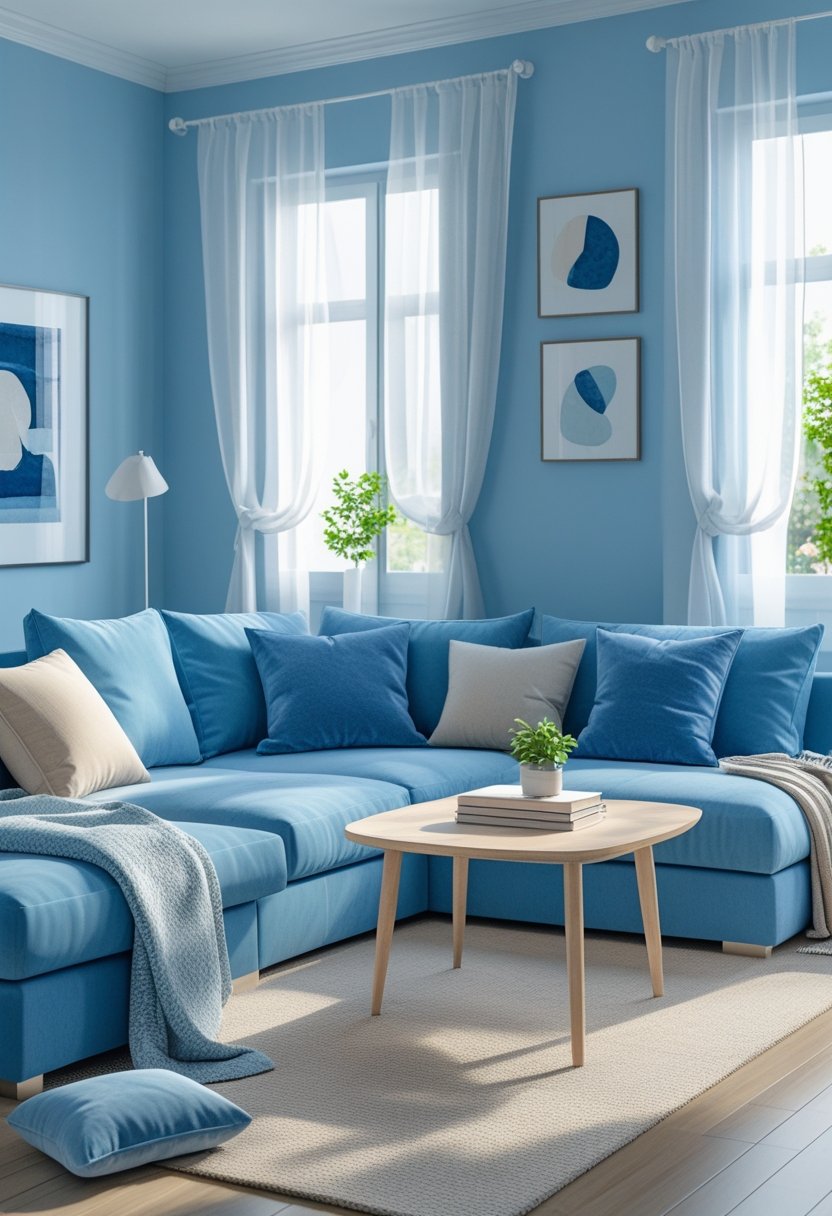 A blue living room with a sofa, coffee table, large windows, and cozy decor.