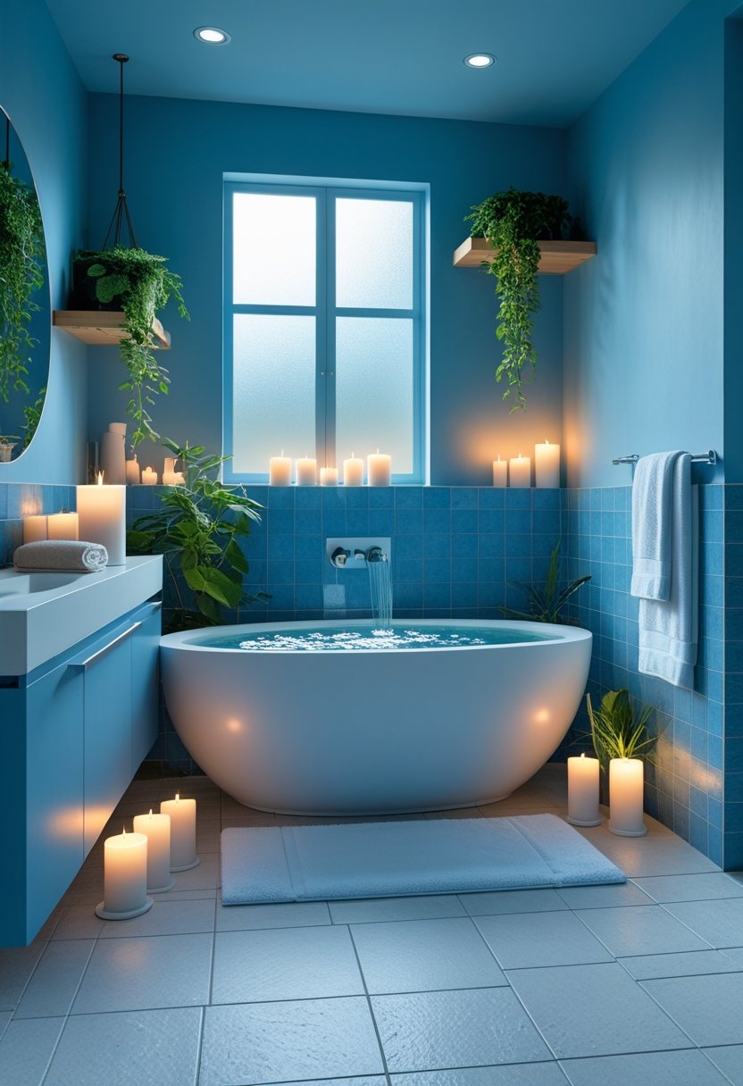 A bathroom with a freestanding bathtub, blue walls, plants, candles, and a vanity with a round mirror.