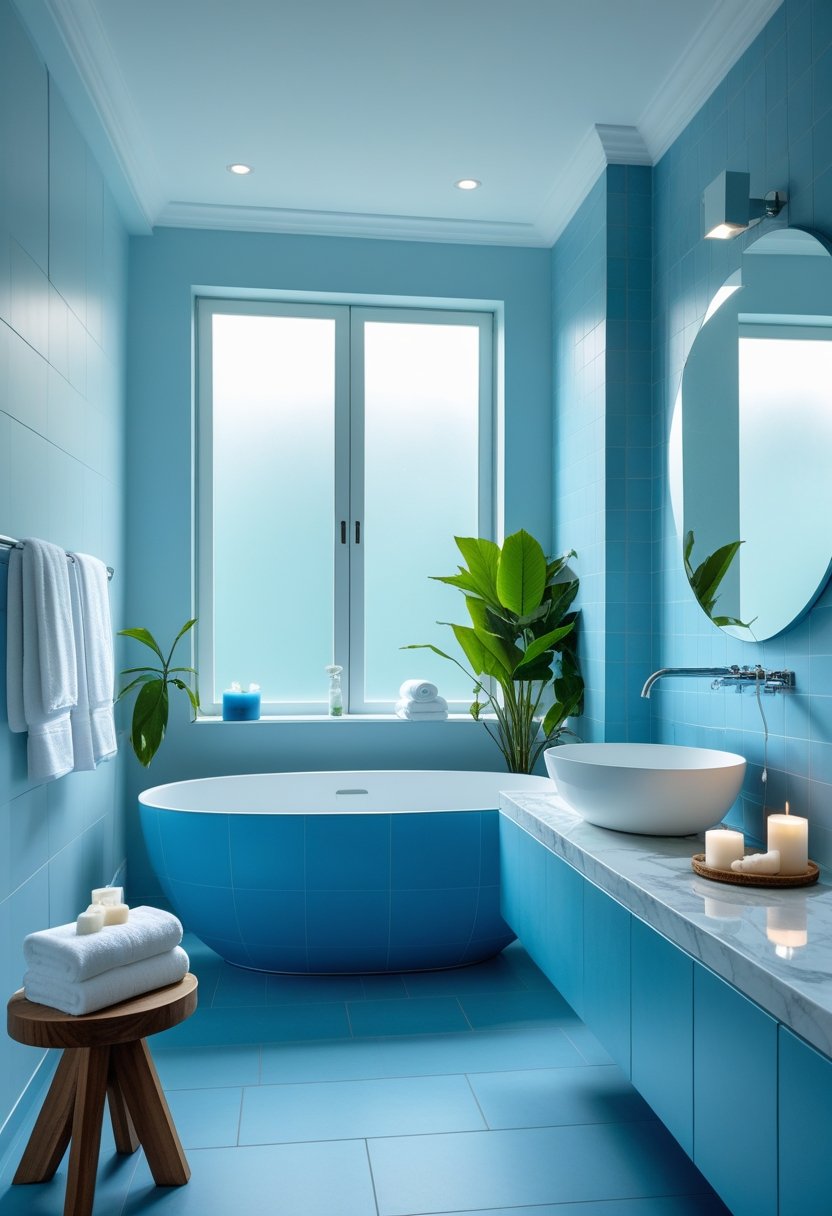 A serene bathroom with a freestanding bathtub, blue walls, white marble countertop, green plants, and spa accessories in natural light.