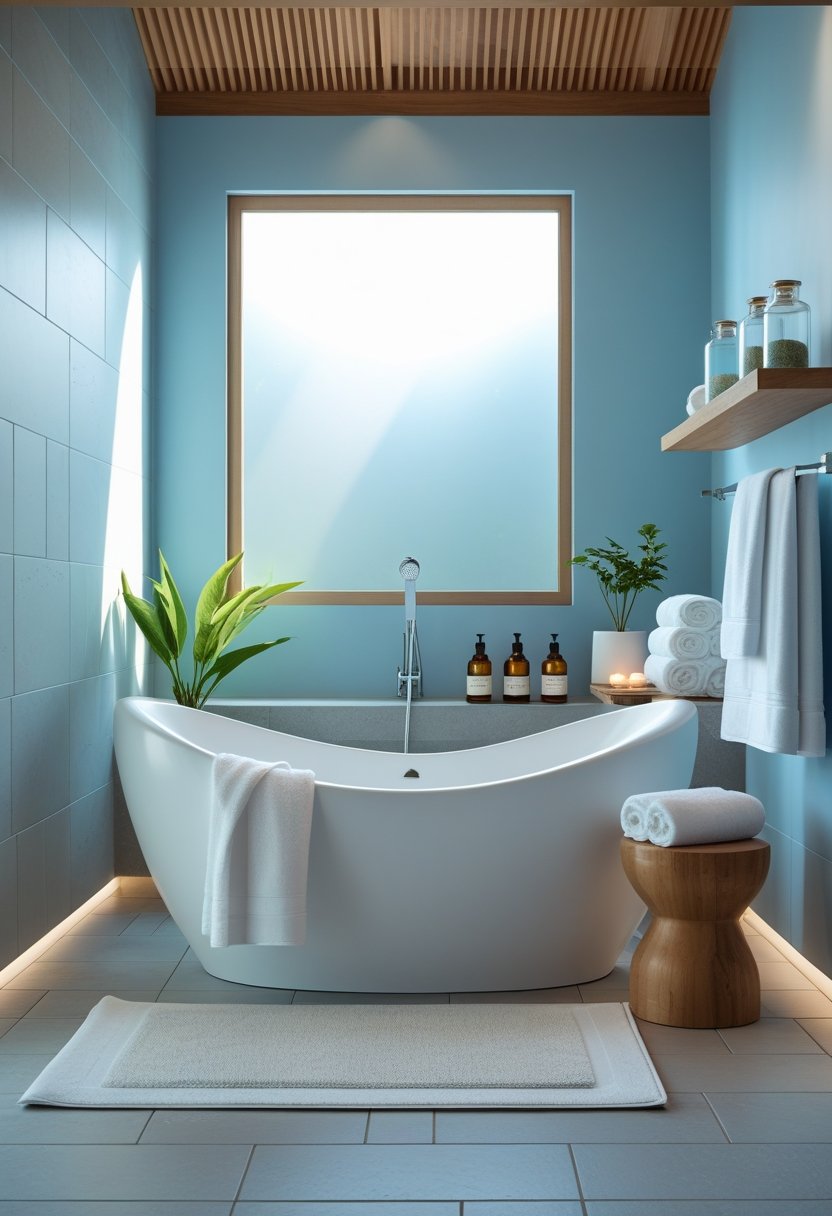 A bathroom with a white freestanding bathtub, blue walls, natural light, wooden accents, towels, and a small green plant.
