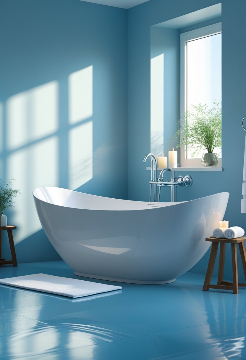 A freestanding bathtub in the center of a blue bathroom with soft natural light and spa accessories.