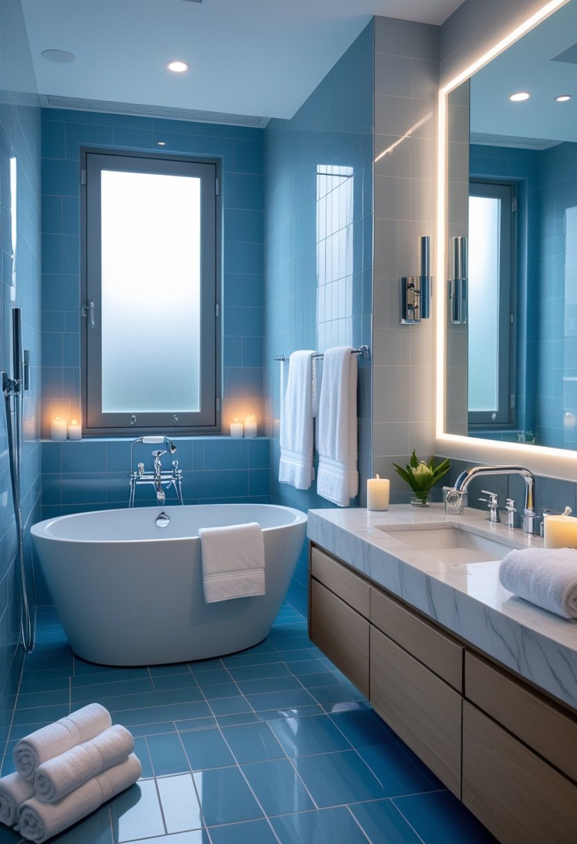 A luxurious blue bathroom with a freestanding bathtub, modern fixtures, a large mirror, and spa accessories.
