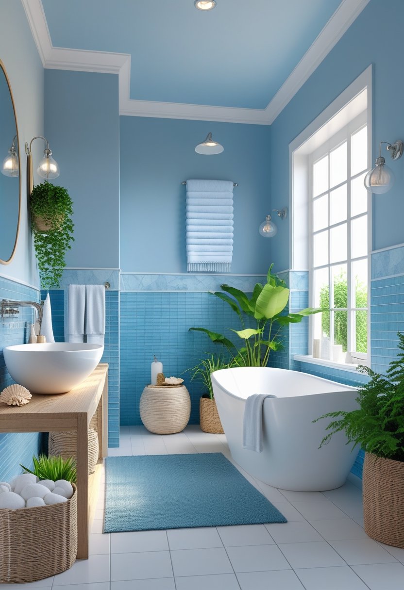A bright bathroom with a freestanding bathtub, natural wood accents, green plants, and blue walls illuminated by natural light.