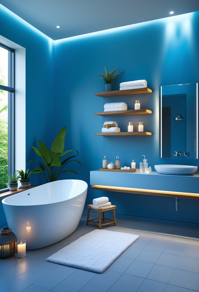 A modern bathroom with a freestanding bathtub, blue walls, wooden shelves with towels and plants, and soft natural lighting.