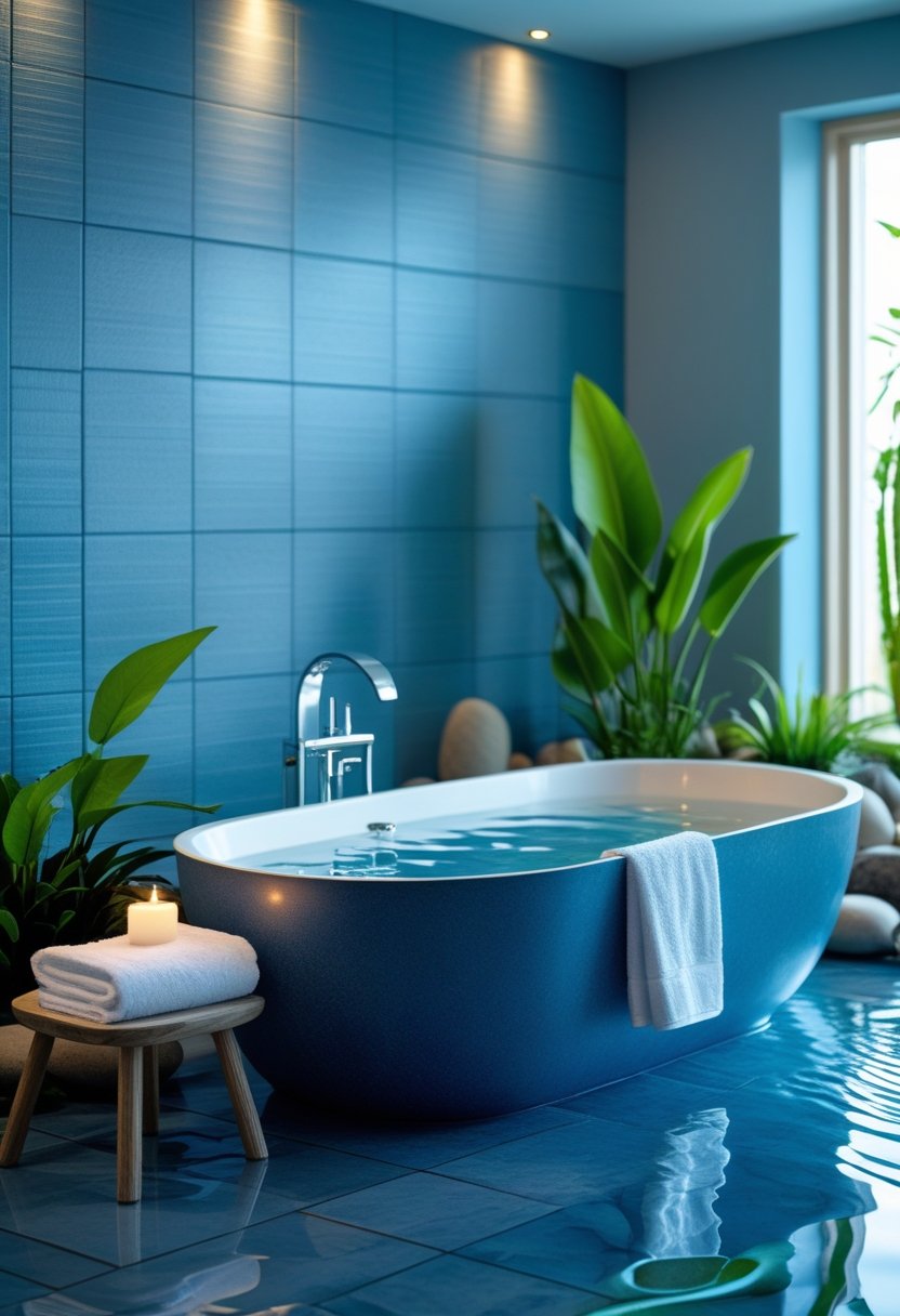 A serene bathroom with a freestanding bathtub, green plants, folded towels on a wooden stool, and natural light coming through a window.