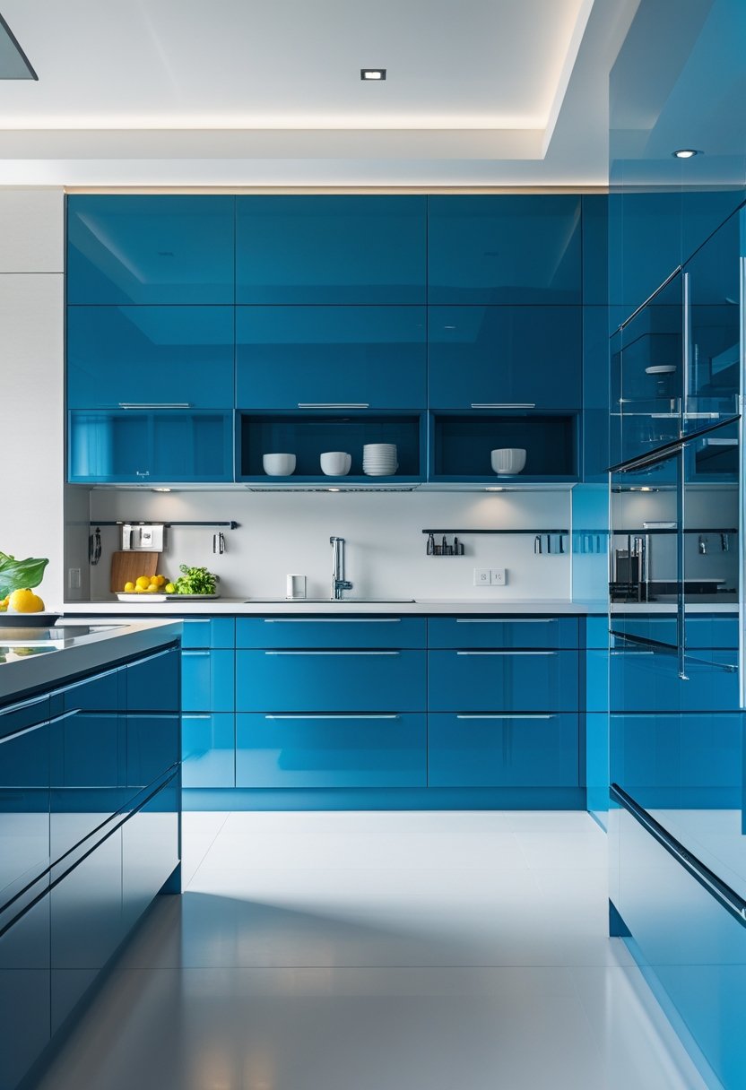 A modern kitchen with blue cabinets, a minimalist island, and chrome fixtures.