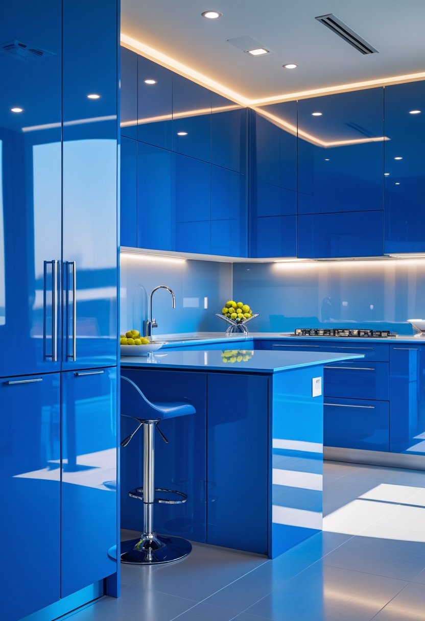 Modern kitchen with blue glossy cabinets, a minimalist island, and chrome accents.
