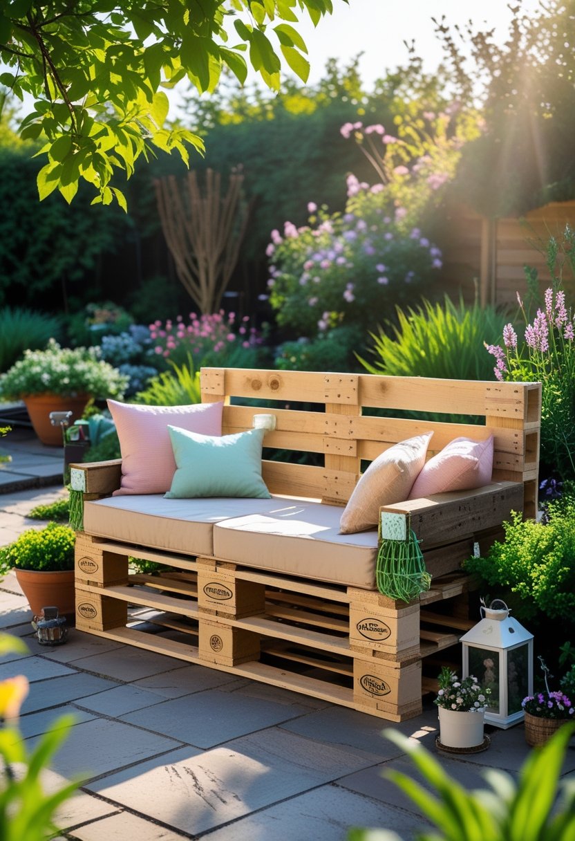 A wooden pallet bench with cushions in a sunny garden surrounded by plants and flowers.