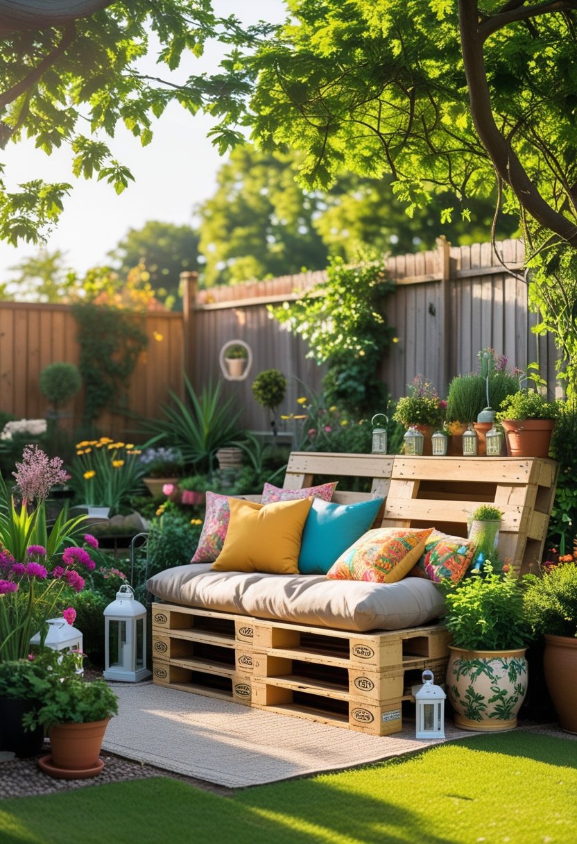 A sunny garden scene with a wooden pallet bench surrounded by plants and flowers.
