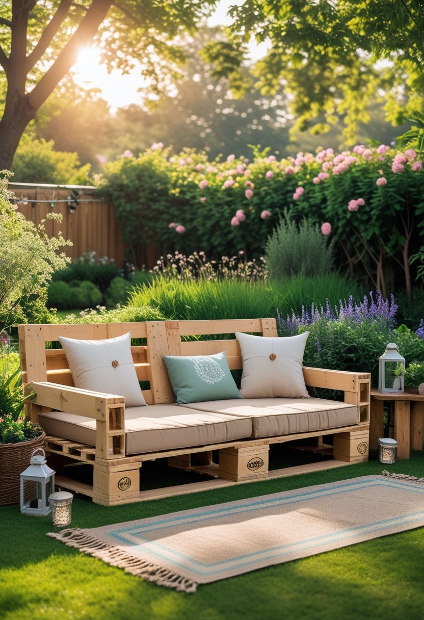 A wooden pallet bench with cushions in a sunny garden surrounded by grass, flowers, and plants.