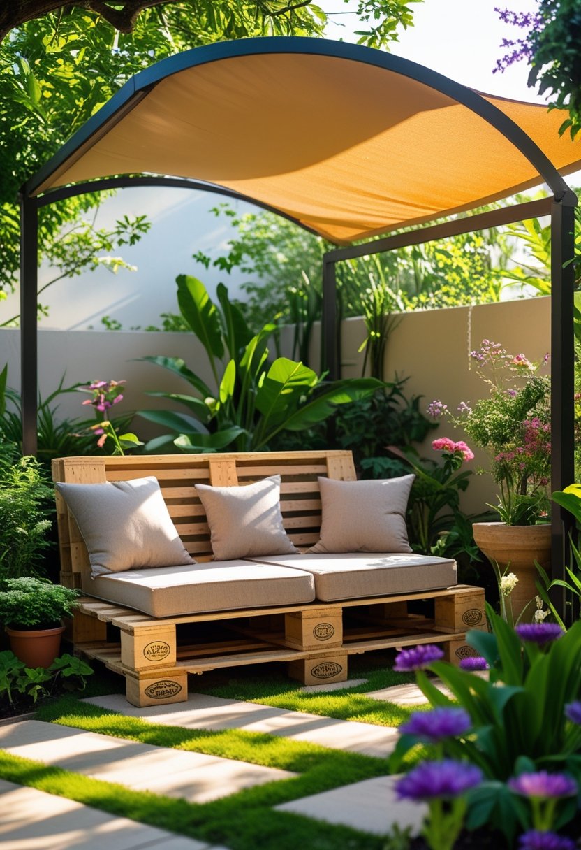 A sunny garden with a wooden bench under a curved canopy roof surrounded by green plants and flowers.